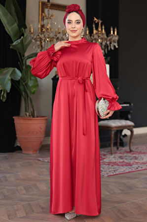 Saten Kırmızı Tesettür Elbise 62132K