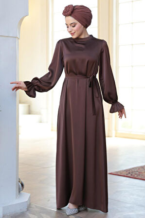 Saten Kahverengi Tesettür Elbise 62132KH