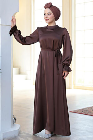 Saten Kahverengi Tesettür Elbise 62132KH