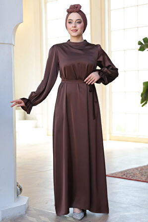 Saten Kahverengi Tesettür Elbise 62132KH