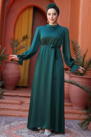 Saten Zümrüt Yeşili Tesettür Elbise 62132ZY