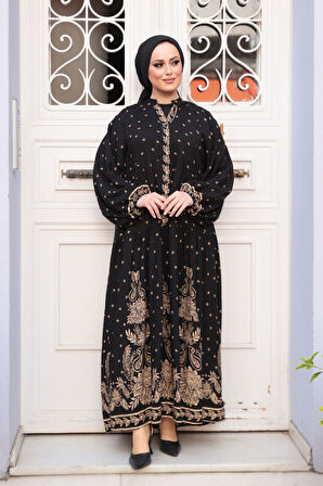 Desenli Siyah Tesettür Elbise 30063S