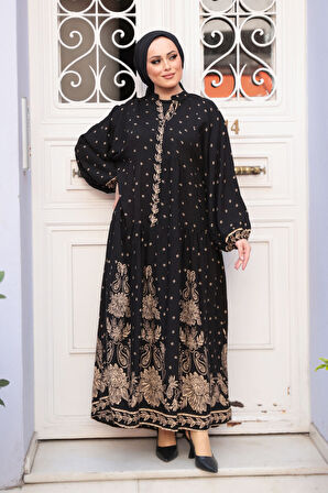 Desenli Siyah Tesettür Elbise 30063S