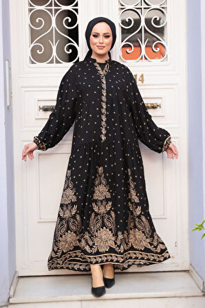 Desenli Siyah Tesettür Elbise 30063S