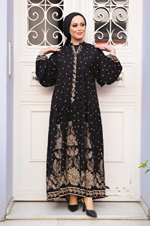Desenli Siyah Tesettür Elbise 30063S