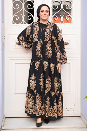 Desenli Siyah Tesettür Elbise 3035S