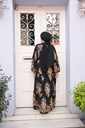 Desenli Siyah Tesettür Elbise 3035S