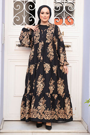 Desenli Siyah Tesettür Elbise 3035S