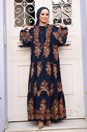 Desenli Lacivert Tesettür Elbise 3035L