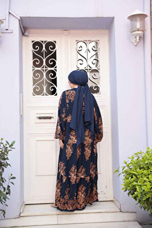 Desenli Lacivert Tesettür Elbise 3035L