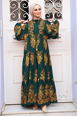 Desenli Zümrüt Yeşili Tesettür Elbise 3035ZY