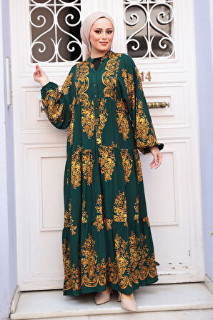 Desenli Zümrüt Yeşili Tesettür Elbise 3035ZY