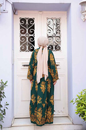 Desenli Zümrüt Yeşili Tesettür Elbise 3035ZY