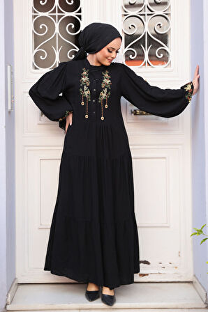 Desenli Siyah Tesettür Elbise 32161S