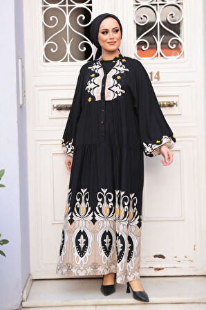 Desenli Siyah Tesettür Elbise 32162S