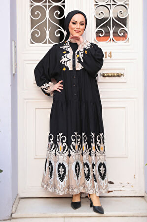 Desenli Siyah Tesettür Elbise 32162S