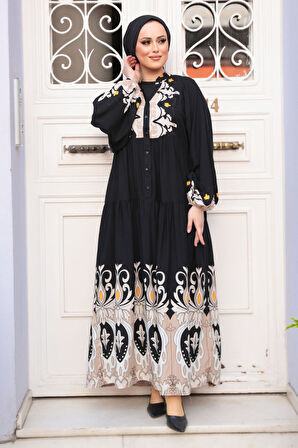 Desenli Siyah Tesettür Elbise 32162S