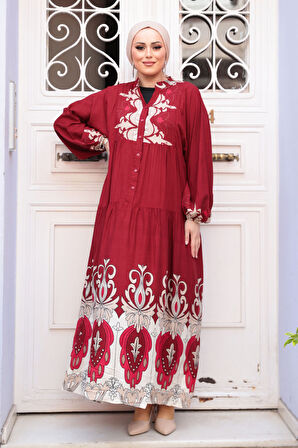 Desenli Bordo Tesettür Elbise 32162BR
