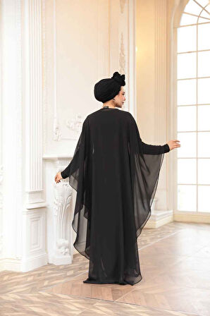 Pelerinli Siyah Tesettür Abiye Elbise 25909S