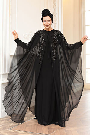 Pelerinli Siyah Tesettür Abiye Elbise 25909S