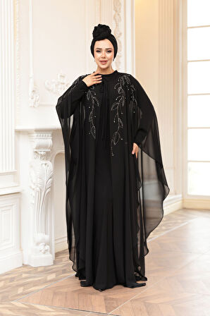 Pelerinli Siyah Tesettür Abiye Elbise 25909S