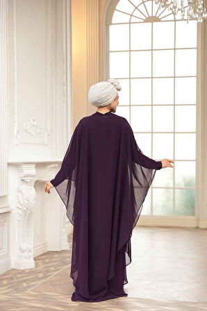 Pelerinli Mor Tesettür Abiye Elbise 25909MOR