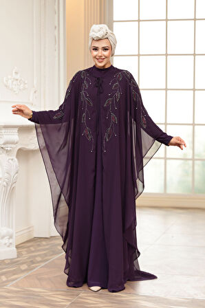 Pelerinli Mor Tesettür Abiye Elbise 25909MOR