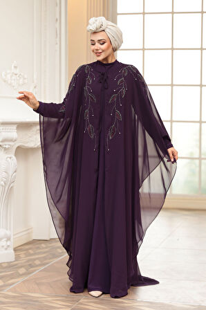 Pelerinli Mor Tesettür Abiye Elbise 25909MOR