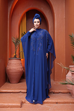 Pelerinli Sax Mavisi Tesettür Abiye Elbise 25909SX