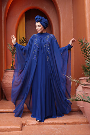 Pelerinli Sax Mavisi Tesettür Abiye Elbise 25909SX