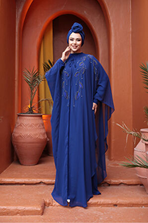 Pelerinli Sax Mavisi Tesettür Abiye Elbise 25909SX