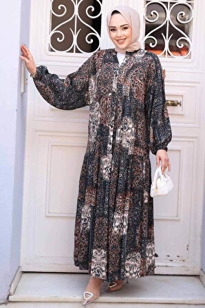 Desenli Vizon Tesettür Elbise 52943V