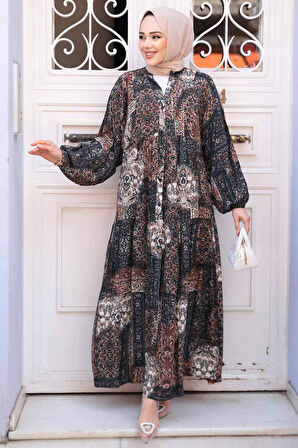 Desenli Vizon Tesettür Elbise 52943V