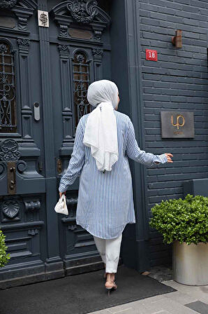 Çizgili İndigo Mavisi Tesettür Viskon Tunik 11741IM