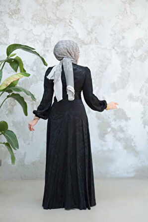 Desenli Siyah Tesettür Abiye Elbise 23274S
