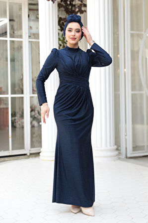 Drape Detaylı Lacivert Tesettür Abiye Elbise 50061L
