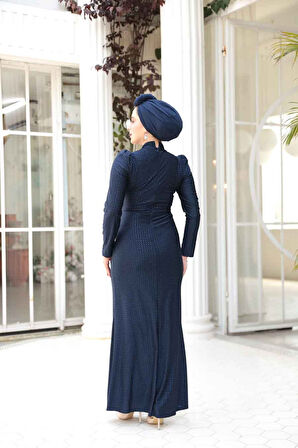Drape Detaylı Lacivert Tesettür Abiye Elbise 50061L