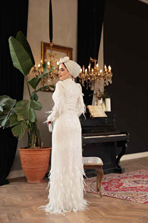 Payet Boncuk İşlemeli Ekru Tesettür Abiye Elbise 51001E