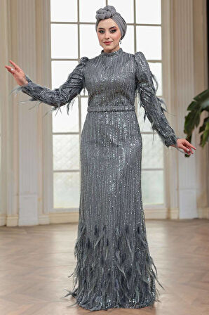 Payet Boncuk İşlemeli Füme Tesettür Abiye Elbise 51001FU