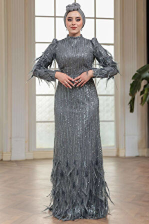 Payet Boncuk İşlemeli Füme Tesettür Abiye Elbise 51001FU