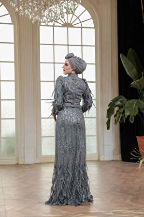 Payet Boncuk İşlemeli Füme Tesettür Abiye Elbise 51001FU