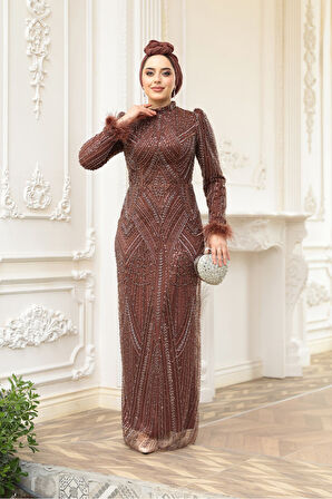 Boncuk İşlemeli Kahverengi Tesettür Abiye Elbise 51351KH