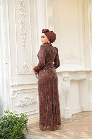 Boncuk İşlemeli Kahverengi Tesettür Abiye Elbise 51351KH