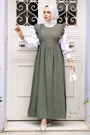 Fırfır Detaylı Haki Tesettür Jile Elbise 17051HK