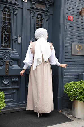 Fırfır Detaylı Koyu Bej Tesettür Jile Elbise 17051KBEJ
