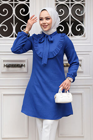 Fırfır Detaylı Sax Mavisi Tesettür Tunik 6682SX