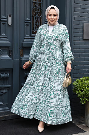 Desenli Yeşil Tesettür Elbise 23587Y