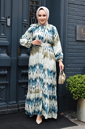 Desenli Yağ Yeşili Tesettür Elbise 23931YY