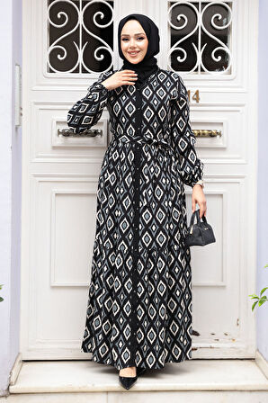 Desenli Siyah Tesettür Elbise 23924S