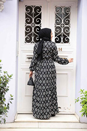 Desenli Siyah Tesettür Elbise 23924S